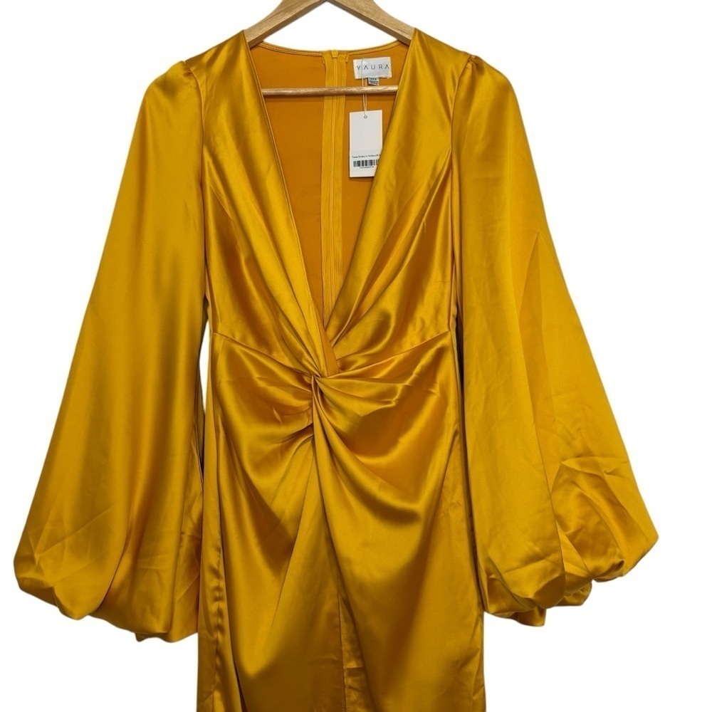 NWT Yellow Gown Satin Dress Maxi Long Sleeve Sexy Wedding Guest Formal Size S - Picture 9 of 16